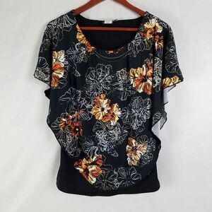 Brody Myles Shirt Womens Small Black Poncho Top Floral Scoop Neck Blouse‎